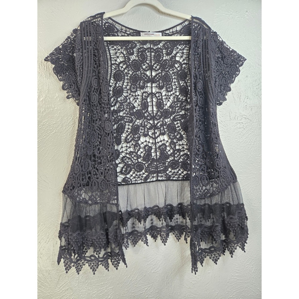 Crochet Lace Open Front Cardigan Vest Top Black Trim Whimsigoth Boho Festival
